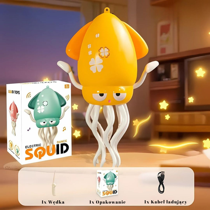 Żółta OctoBeat™ z Inicala.pl unosi się nad podłogą, obok pudełka, wędki i kabla USB – interaktywna ośmiornica z muzyką i światłem, która zachęca malucha do ruchu